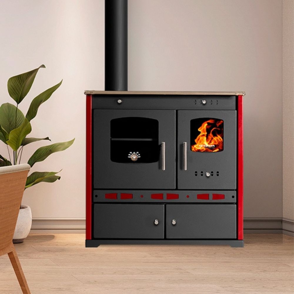 Štedilnik na drva Prometey Perfect Eco Lux z levim dimnikom, bordo, 7.5kW |  |  |