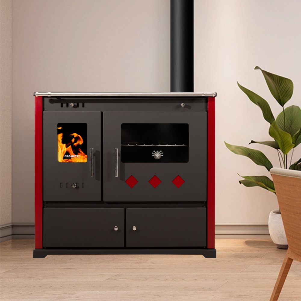 Štedilnik na drva Prometey Perfect Practik Lux s steklokeramično ploščo, dimnik desni, bordo, 9.5kW | Peči na drva s pečico | Peči na drva |