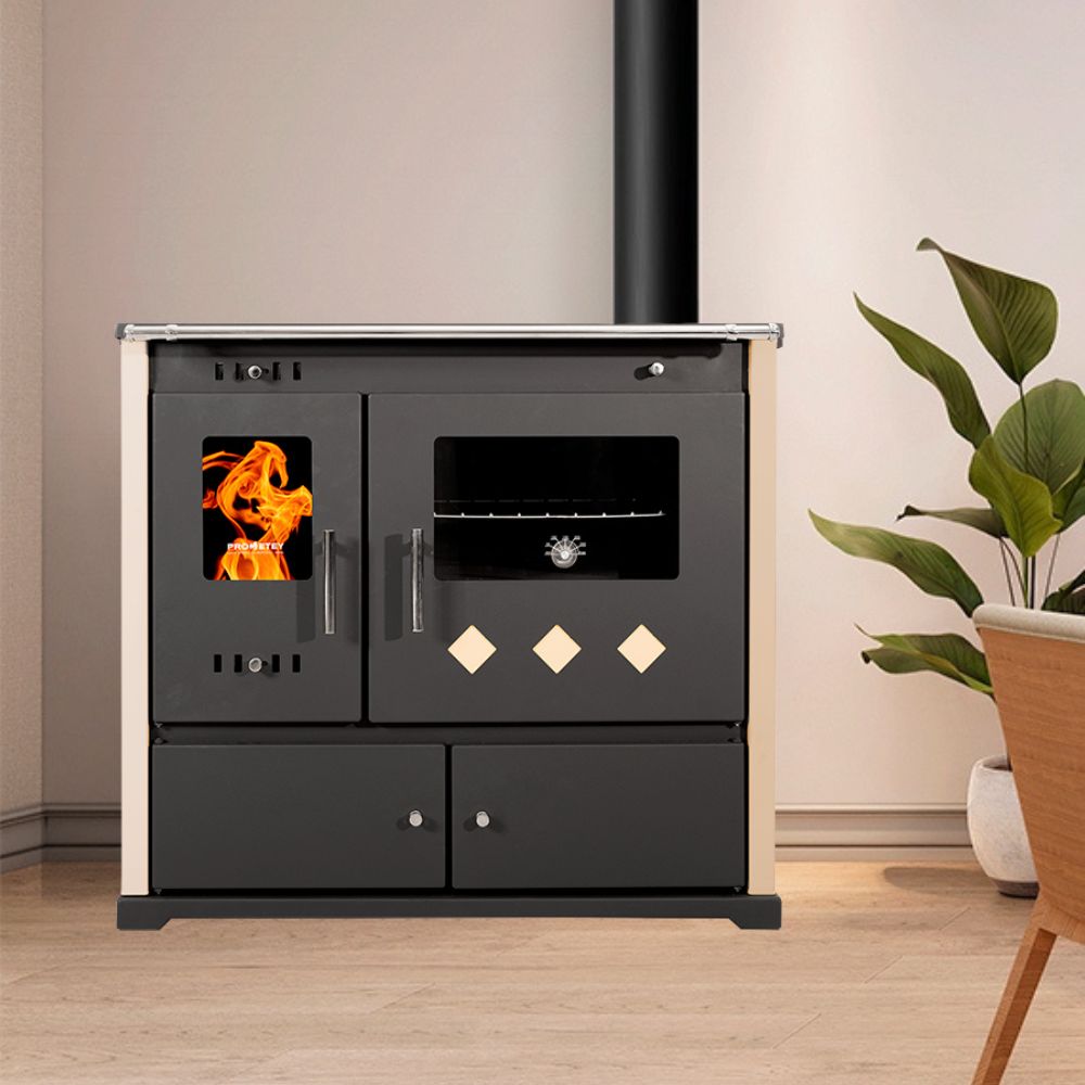 Štedilnik na drva Prometey Perfect Practik Lux s steklokeramično ploščo, dimnik desni, slonokoščena, 9.5kW | Peči na drva s pečico | Peči na drva |