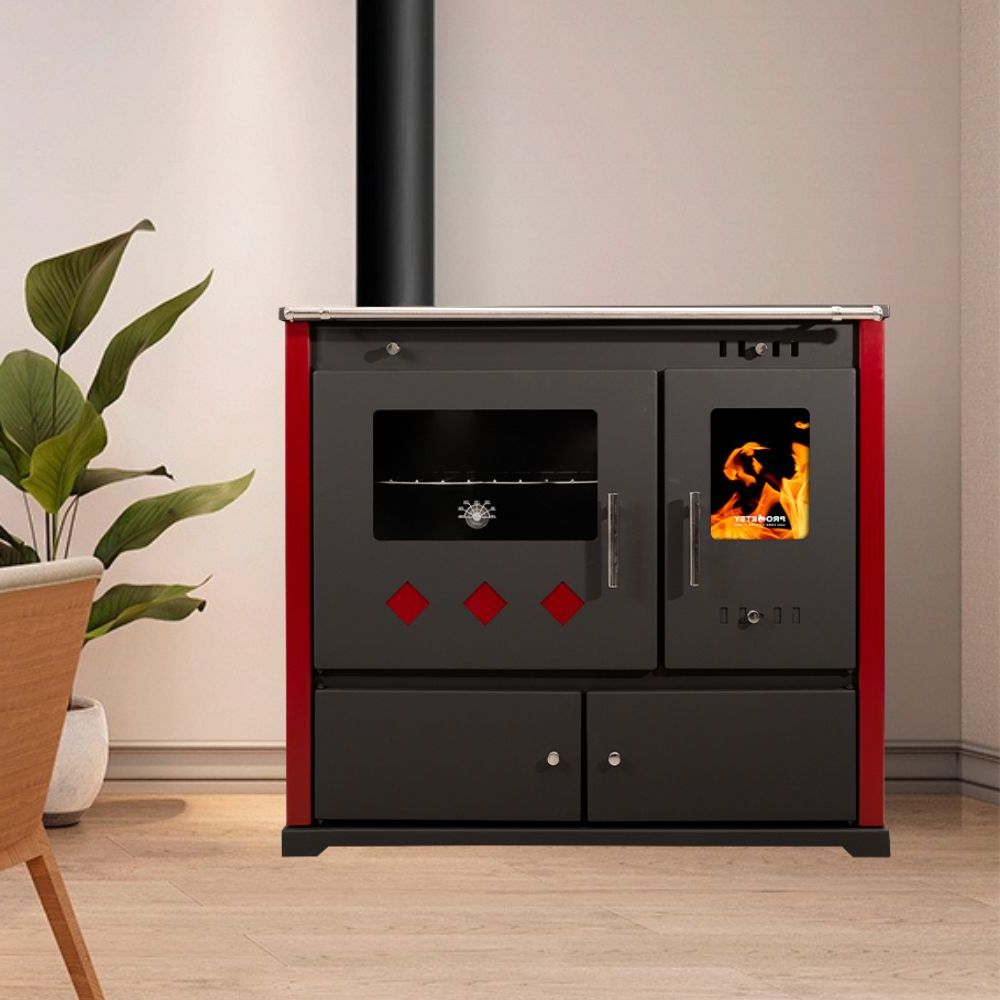 Štedilnik na drva Prometey Perfect Practik Lux s steklokeramično ploščo, levi dimnik, bordo, 9.5kW | Peči na drva s pečico | Peči na drva |