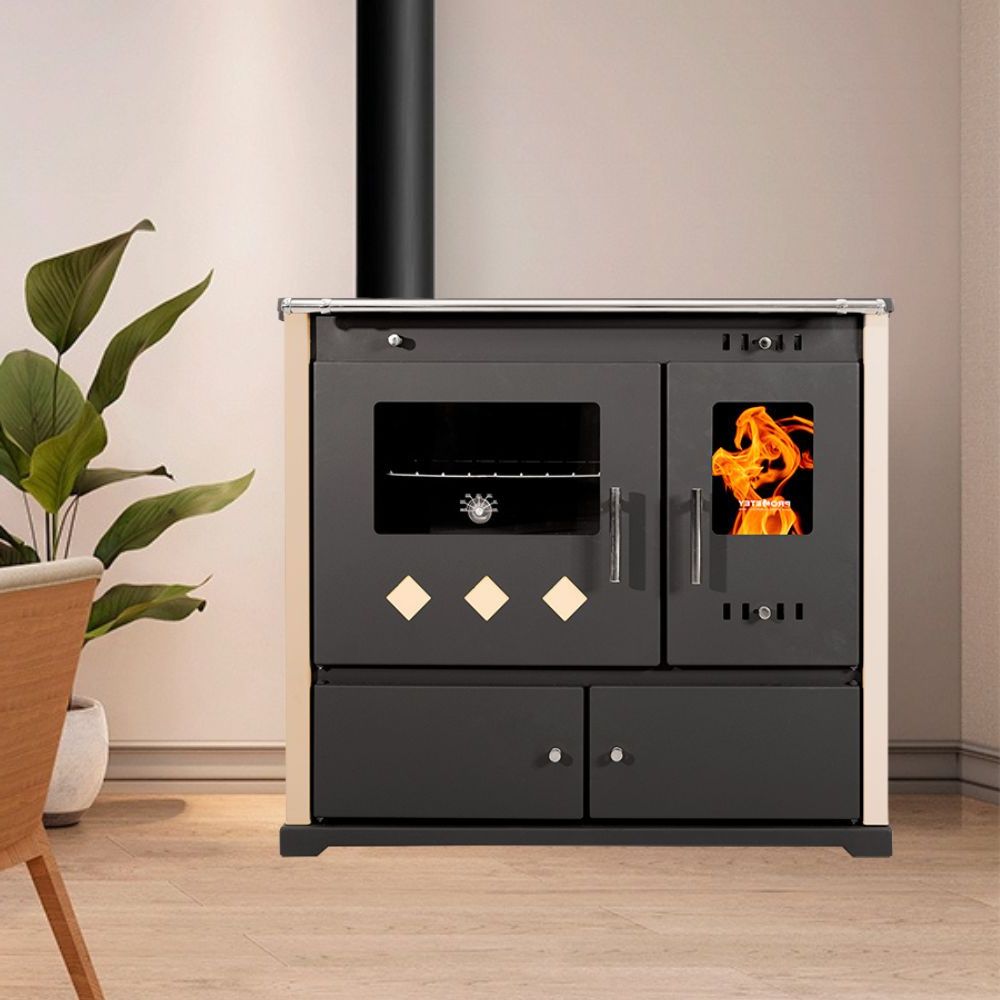 Štedilnik na drva Prometey Perfect Practik Lux s steklokeramično ploščo, levi dimnik, slonokoščena, 9.5kW | Peči na drva s pečico | Peči na drva |