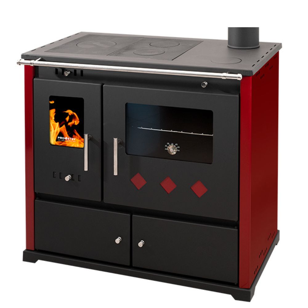 Štedilnik na drva Prometey Perfect Practik Lux z desnim kanalom, bordo, 9.5kW |  |  |