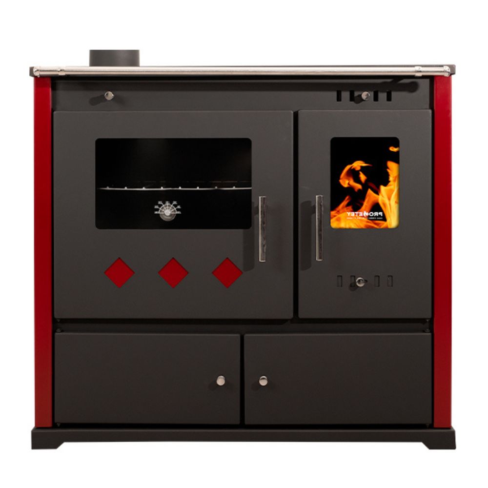Štedilnik na drva Prometey Perfect Practik Lux z levim dimnikom, bordo, 9.5kW |  |  |