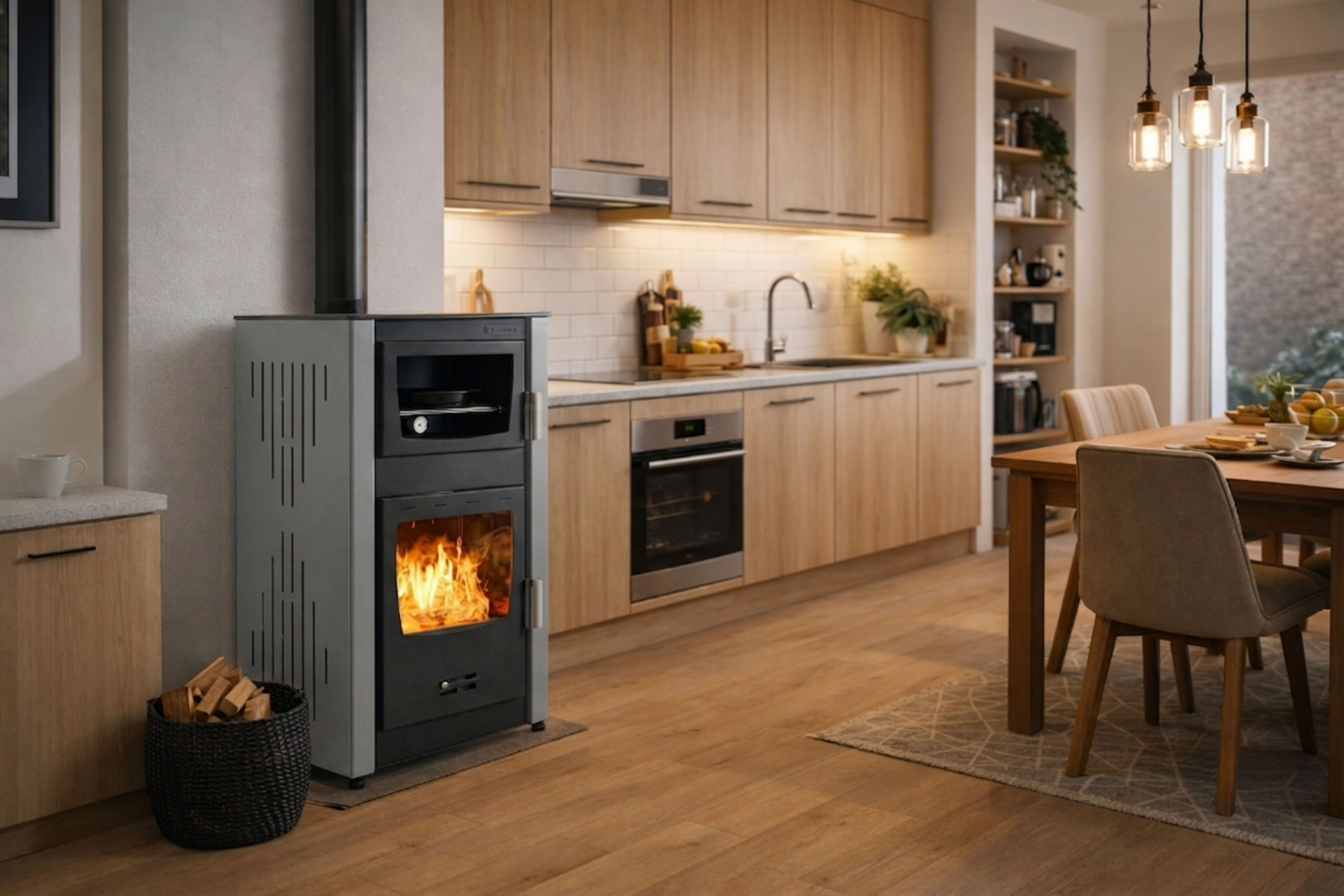 Kamin na drva s pečico in vodnim plaščem