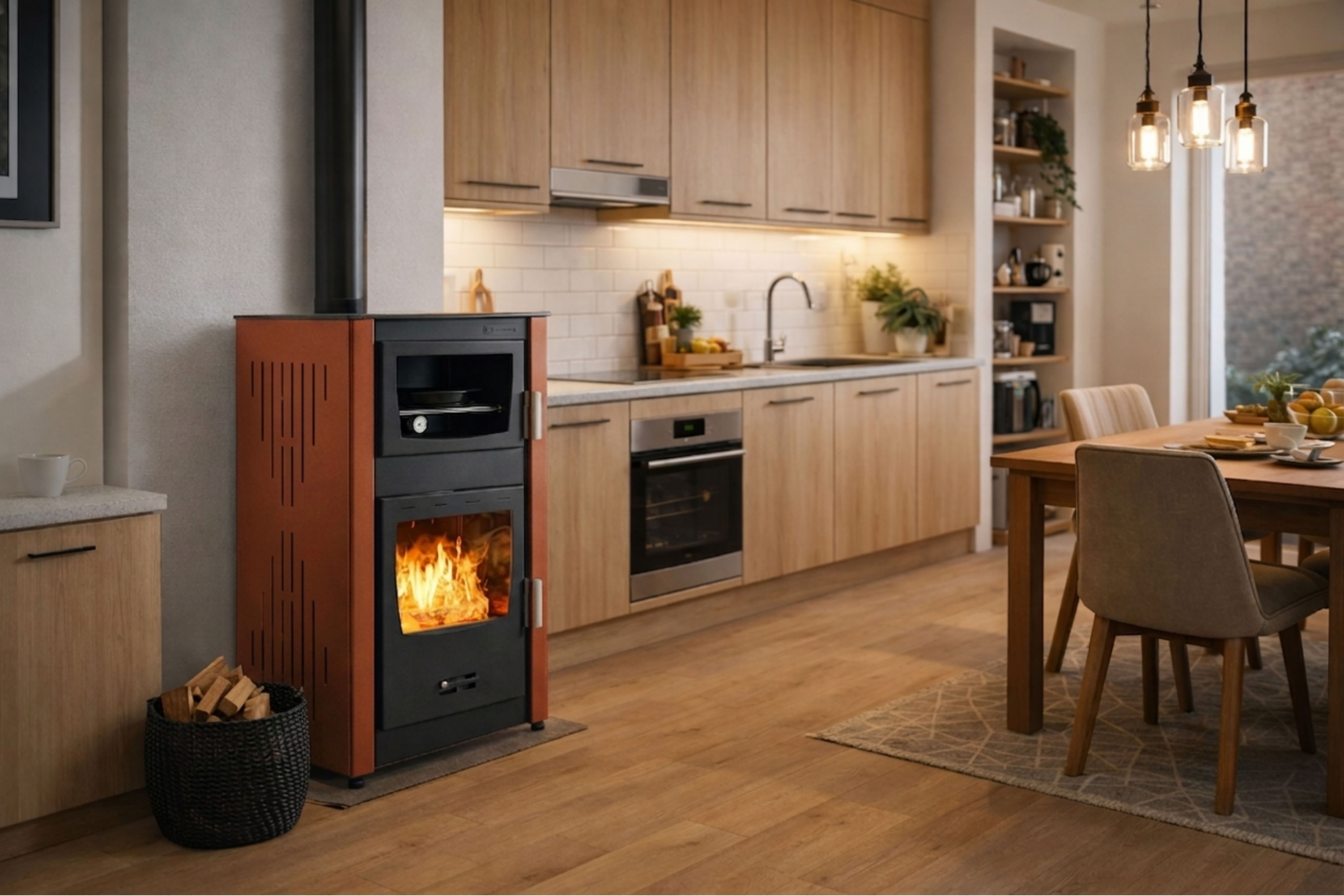 Kamin na drva s pečico in vodnim plaščem